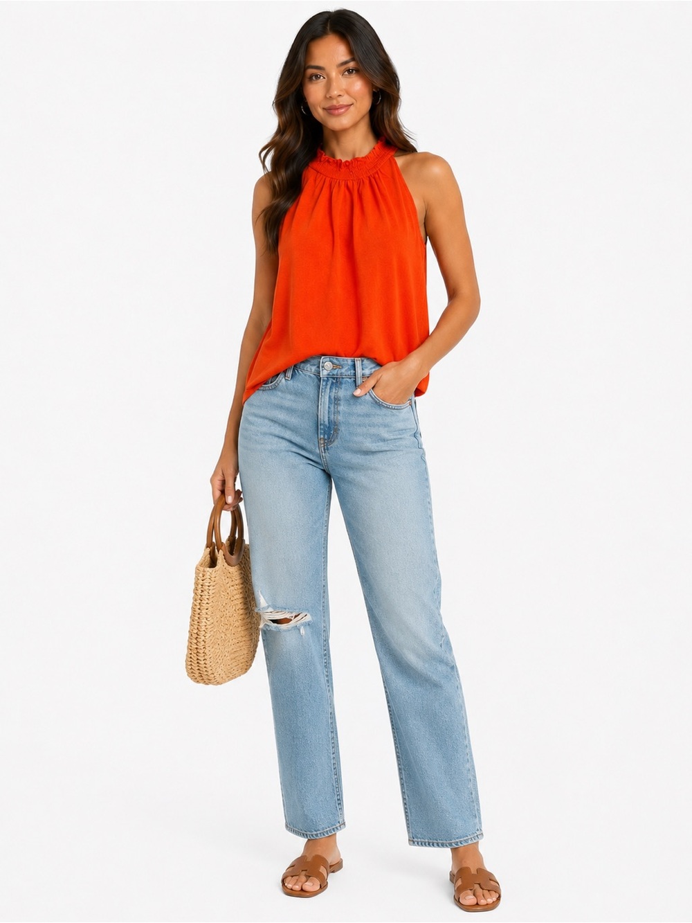 LOFT Bright Orange Ruffle-Neck Sleeveless halter